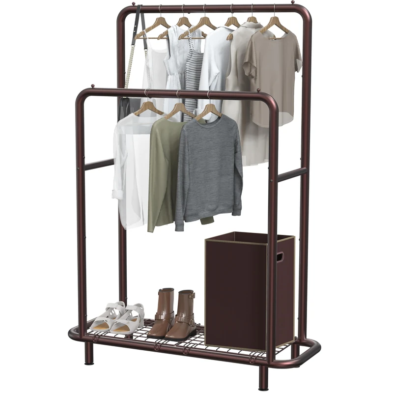 Simple Houseware Double Rod Clothing Garment Rack with Bottom Shelves, Bronze - Image 1