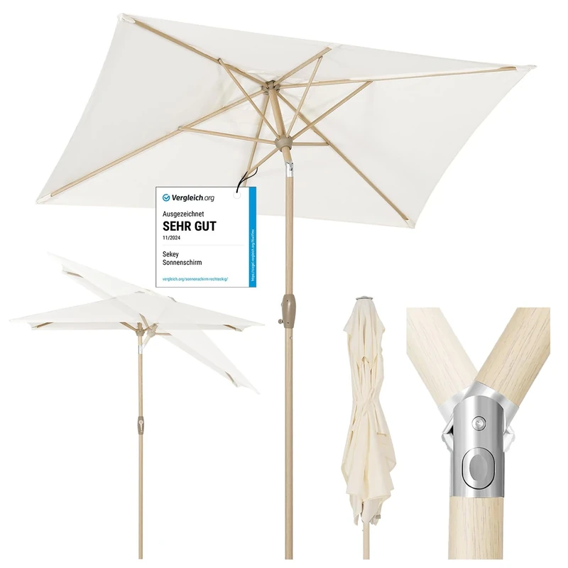 Sekey Aluminium Parasol Market Umbrella Garden Umbrella Patio Umbrella Sun Protection UV 50+ Rectangular 210 x 140 cm Cream