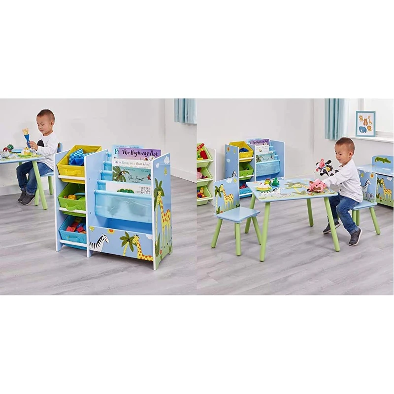 Liberty House Toys TF5007 Safari Book Display with Storage Fabric Bins, Blue, Yellow, Green & Wooden Safari Table and Two Chair Set, Engineered Wood, Blue, 40cm H W x 60cm D