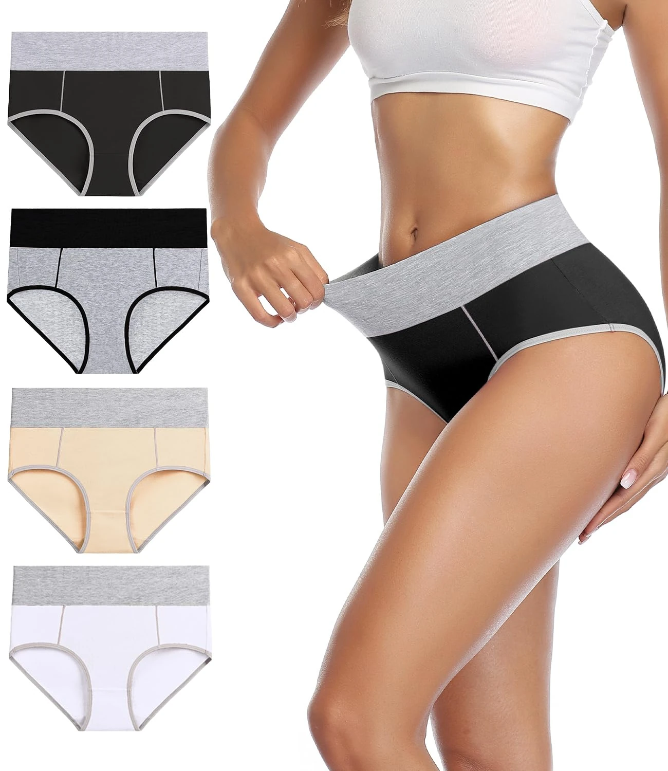 wirarpa Underwear Women High Waist Cotton Knickers Ladies Panties Full Coverage Briefs Underpants Plus Size Multicolour 4 Pack L