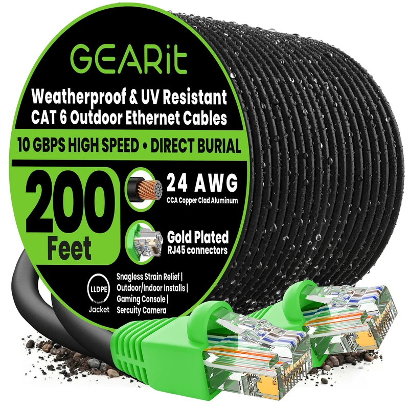 GEARit 69.6m Cat6 Direct Burial Ethernet Cable - Cat 6 Outdoor Waterproof, In-Ground, UV Jacket - UTP 550 Mhz High Speed Internet Broadband Network - CCA (69.6 Meters, 200 Feet)