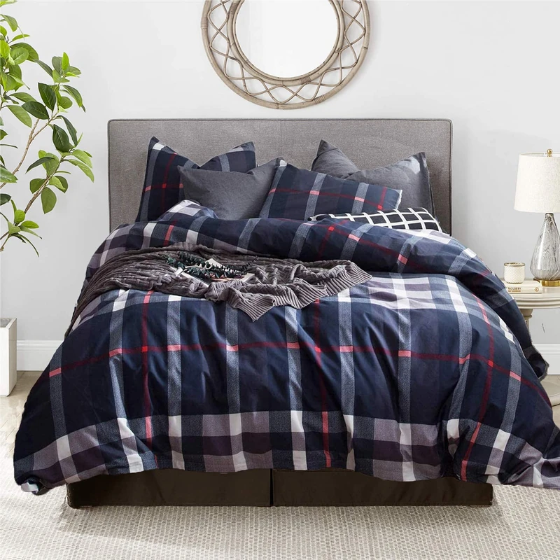 Luxlovery Navy Quilt Set Queen Comforter Quilt Cover Check Dark Blue Duvet Complete Buffalo Stripe Modern Farmhouse Tartan Check for Men and Women