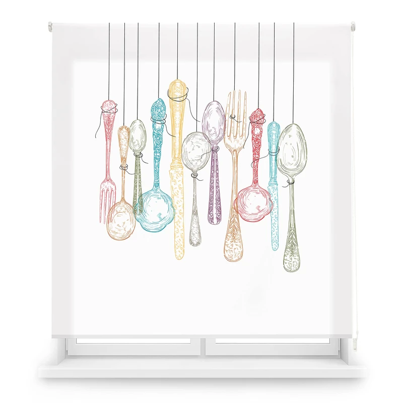 Blindecor Digital Kitchen | Translucent Roller Blind with Digital Print | Cutlery Model | 150 x 180 cm (W x H) Fabric Size 147 x 175 cm | Window Blinds