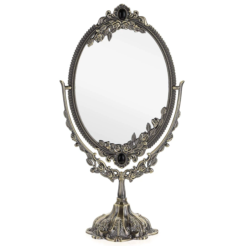 JUXYES Metal Tabletop Antique Decorative Makeup Mirror with Stand, Vintage Swivel Double Sided Cosmetic Mirror with Frame, Retro Desktop Oval Dressing Mirror for Bathroom Bedroom