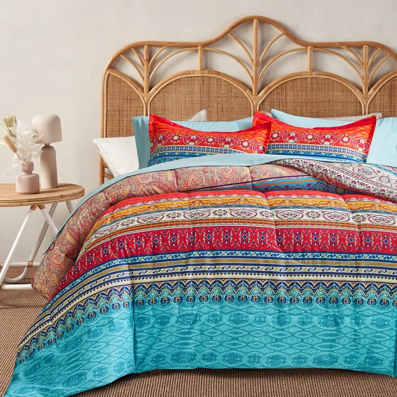 Flysheep Boho Striped Bed in a Bag 6-Pieces Twin Size, Colorful Bohemian Tribal Teal Blue Red Reversible Bed Comforter Set (1 Comforter, 1 Flat Sheet, 1 Fitted Sheet, 2 Pillow Shams, 1 Pillowcase)