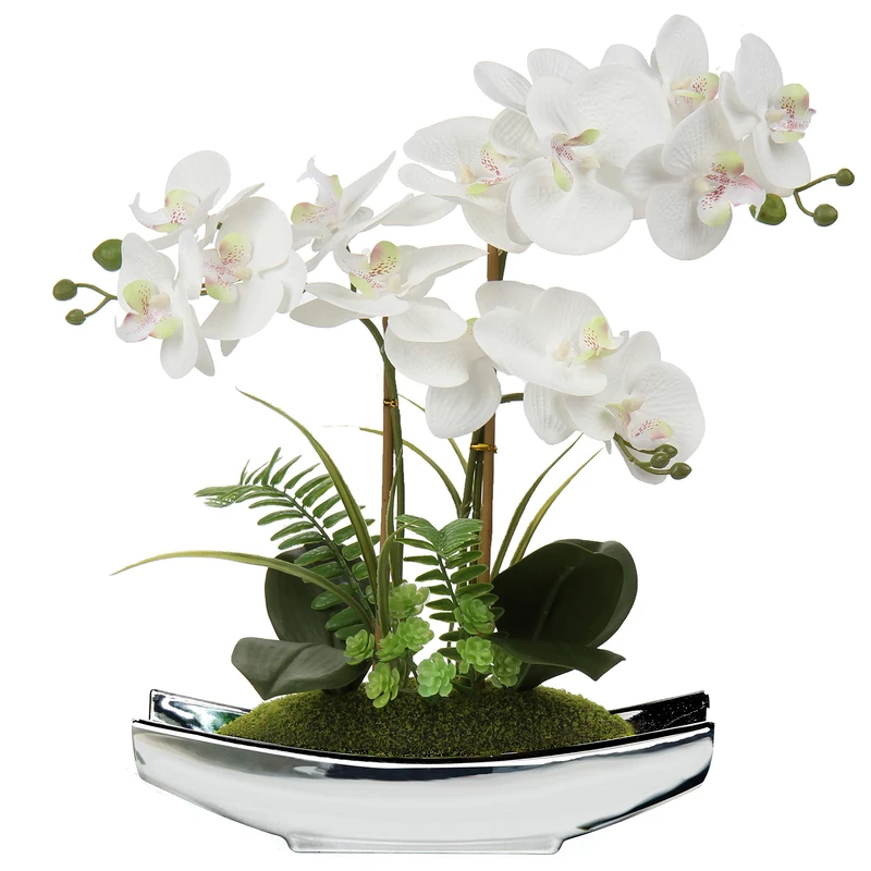 Briful Orchids Artificial Flowers 15" White Phalaenopsis Orchid with Silver Pots Real Touch Faux Orchid Plant for Home Office Living Room Table Decoration