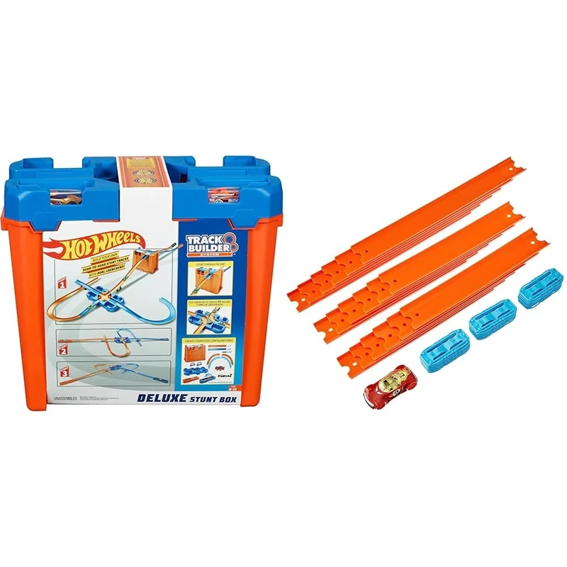Hot Wheels Deluxe Stunt Box Giftable Set 15 Feet 36 Pieces Track Connectors and Curves, Ages 6 to 12 Years, GGP93 & BHT77 Straight Track Builder with Diecast and Mini Car Toy Pack [Amazon Exclusive]