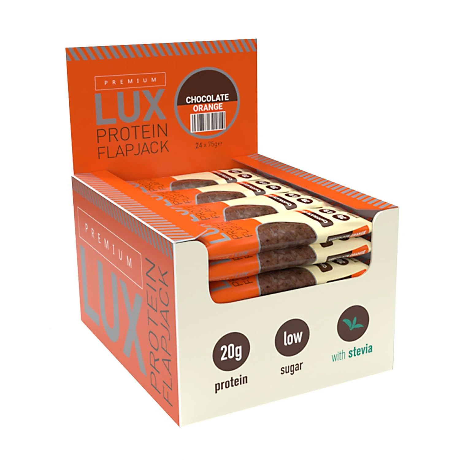 BW Premium LUX 20g High Protein Flapjack Bars 24 x 75g - Oat Based Low Sugar Snack - Bodybuilding Warehouse (Chocolate Orange)