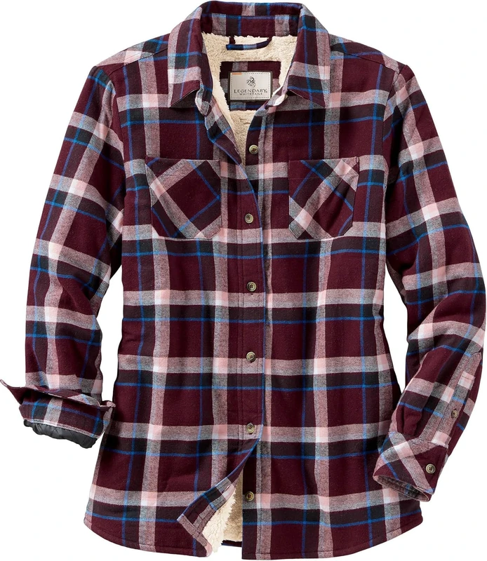Legendary Whitetails Women's Open Country Flannel Shacket Sherpa Lined Plaid Fleece Shirt Jacket Ladies Western Clothing Coat, Merlot Plaid, XS