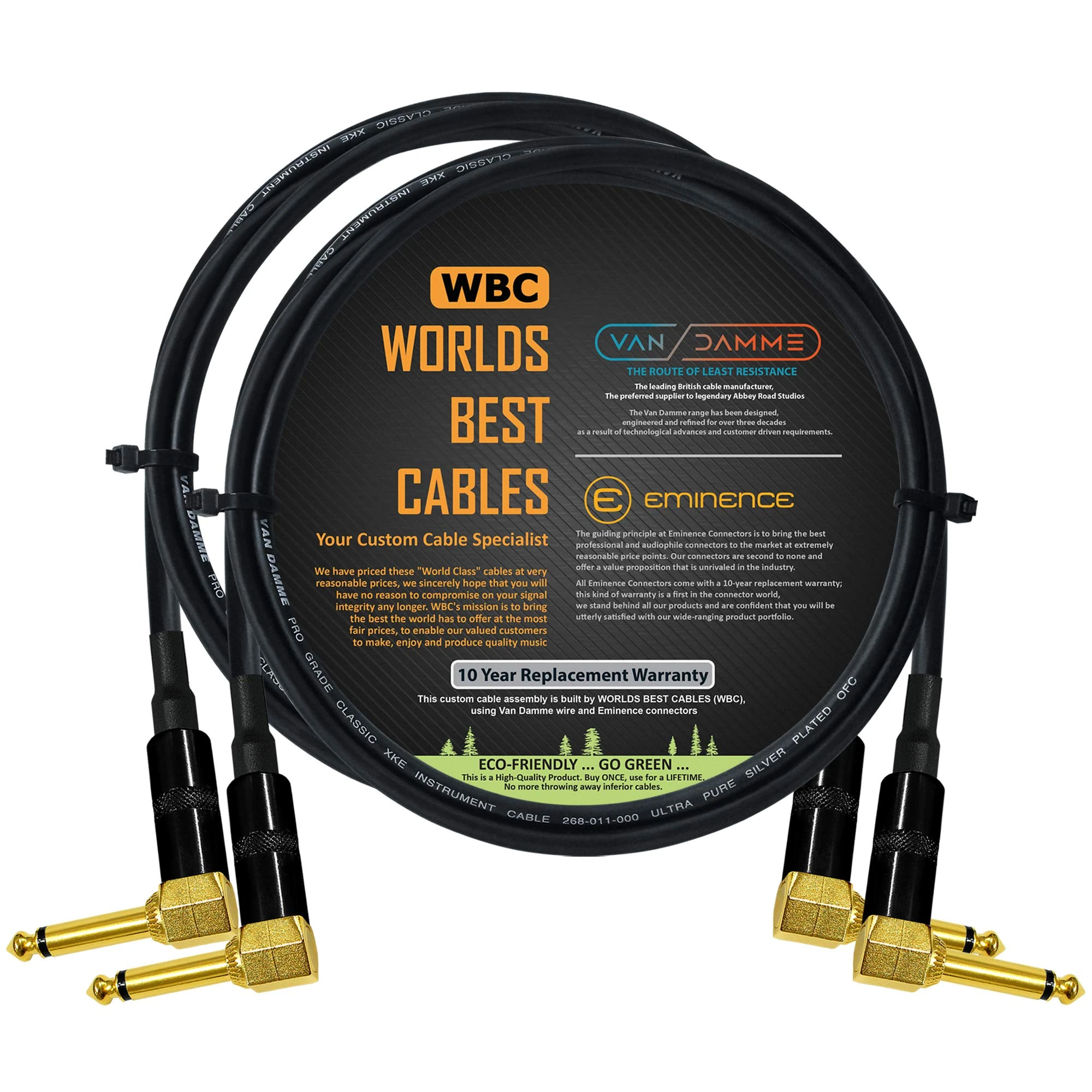 2 Units - 50 CM - Van Damme Pro Grade Classic XKE - Premium, Ultra-Flexible Multi-Shielded Guitar Bass Instrument Effects Pedal Patch Cable w/Eminence R/Angled Gold ¼ inch TS Plugs & Staggered Boots