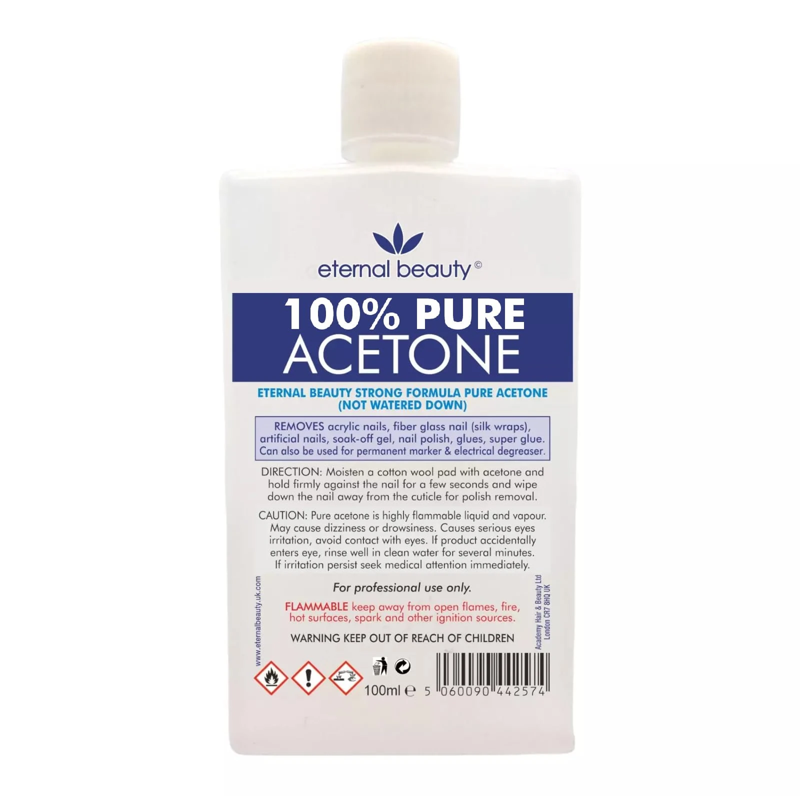 Acetone 100% Pure Nail Polish Remover for UV/LED, Gel Soak Off, Removes All Types of Nail Polish, By Eternal Beauty (100ml)
