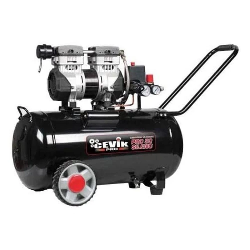CEVIK PRO - CA-PRO50SILENC - Silent Air Compressor - 59 dB - 50 liters - 1.5HP - Max 8 Bar - 150 l/min - Oil Free - Two Air Outlets - Compact and Portable - Paint and Pneumatic Compressor