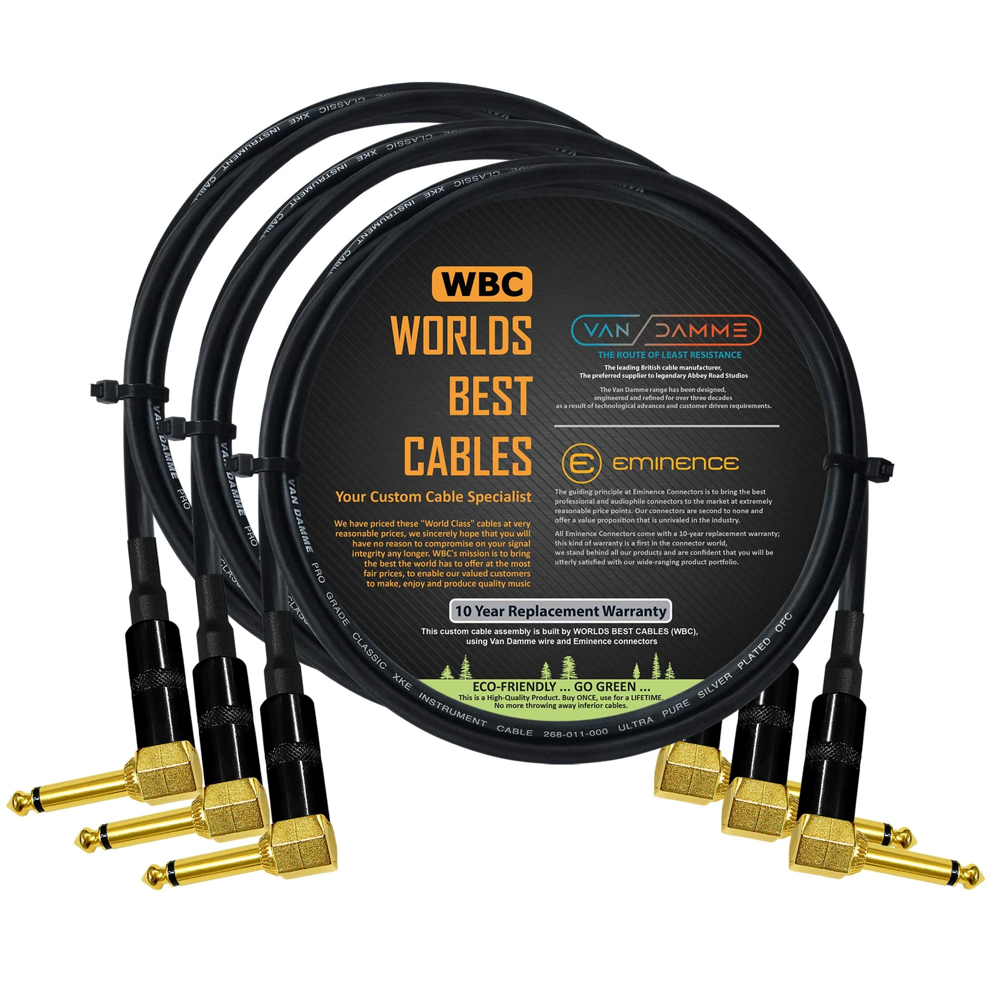 3 Units - 50 CM - Van Damme Pro Grade Classic XKE - Premium, Ultra-Flexible Multi-Shielded Guitar Bass Instrument Effects Pedal Patch Cable w/Eminence R/Angled Gold ¼ inch TS Plugs & Staggered Boots