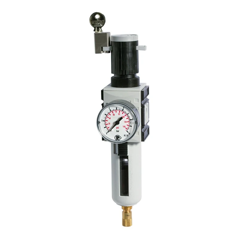 RIEGLER FU 821-2 Futura Filter Regulator with Polycarbonate Container, Protective Basket and Pressure Gauge, Fully Automatic, Size 1, 0.1-2 Bar, G 1/4 Inch