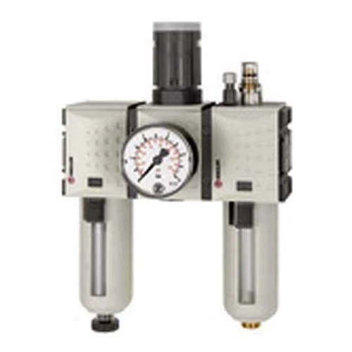 RIEGLER FU 626-2 Futura maintenance unit three-piece with polycarbonate holder, protective basket and pressure gauge, semi-automatic, construction size 4, 0.1-2 bar, G 1"