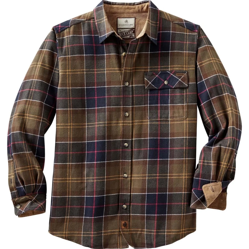 Legendary Whitetails Men's Buck Camp Flannel, Long Sleeve Plaid Button Down Casual Shirt, Corduroy Cuffs, Huntsman Plaid, S