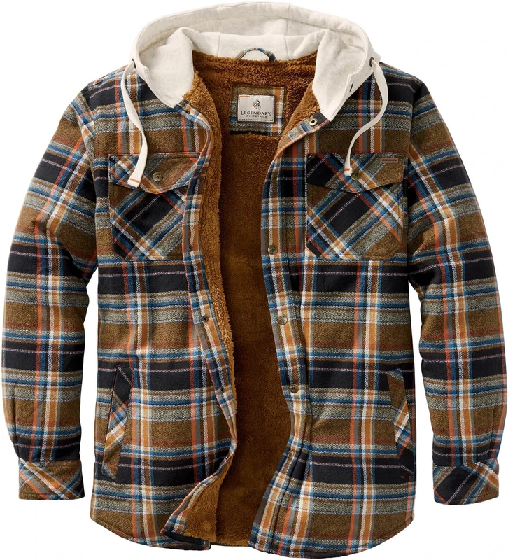 Legendary Whitetails Men's Camp Night Berber Lined Hooded Flannel Shirt Jacket, Porter Plaid, S
