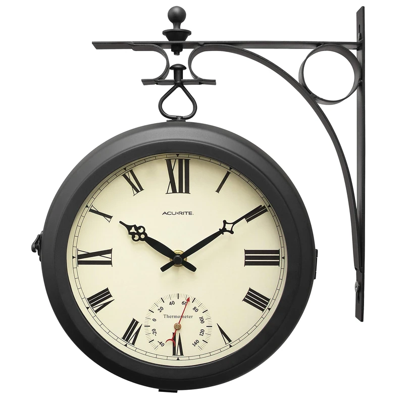 AcuRite Double-Sided Clock with Thermometer for Patio, Metal, Black - Image 1