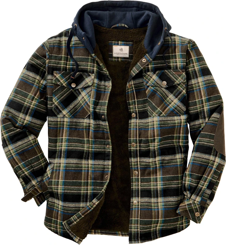 Legendary Whitetails Men's Camp Night Flannel Shirt Jacket with Hood and Berber Lined, Union Plaid, XL
