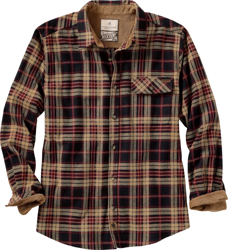 Legendary Whitetails Men's Buck Camp Flannel, Long Sleeve Plaid Button Down Casual Shirt, Corduroy Cuffs, Frontier Plaid, Large