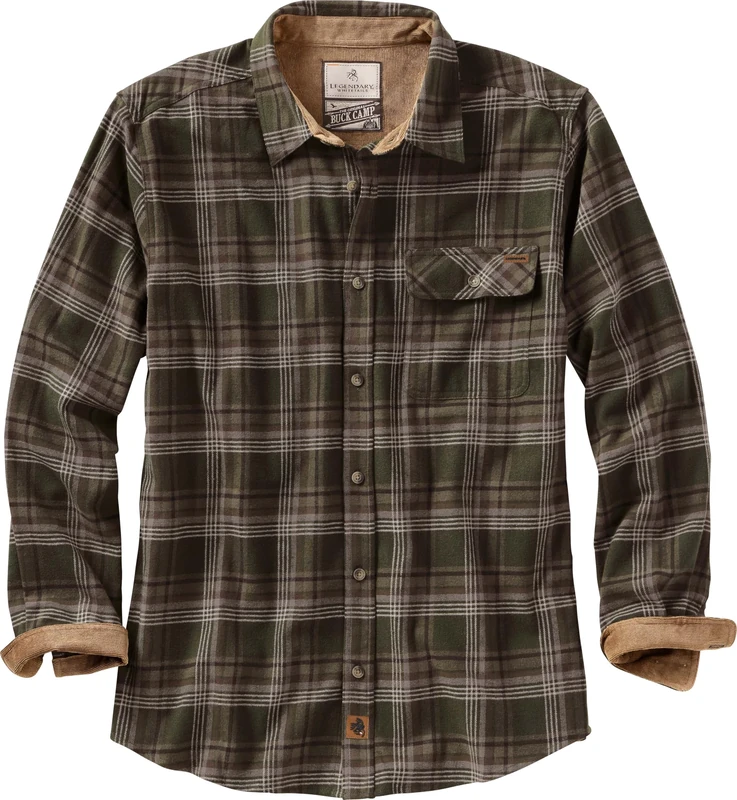 Legendary Whitetails Men's Buck Camp Flannel, Long Sleeve Plaid Button Down Casual Shirt, Corduroy Cuffs, Forest Plaid, S