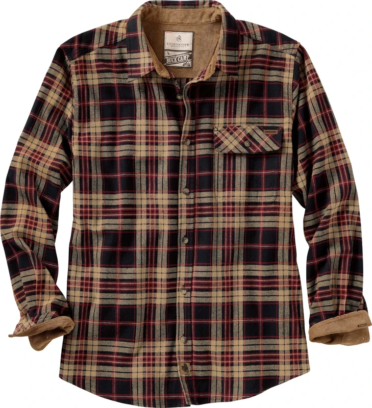 Legendary Whitetails Men's Buck Camp Flannel, Long Sleeve Plaid Button Down Casual Shirt, Corduroy Cuffs, Frontier Plaid, Large Tall