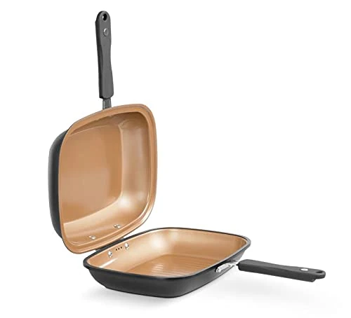 LIVINGTON Black Doubletta Reversible Pan for Cooking, Roasting, Baking, Grilling Ergonomic Handle Suitable for All Hob Types Non-Stick Coating