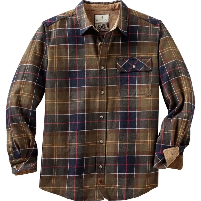 Legendary Whitetails Men's Buck Camp Flannel, Long Sleeve Plaid Button Down Casual Shirt, Corduroy Cuffs, Huntsman Plaid, Large