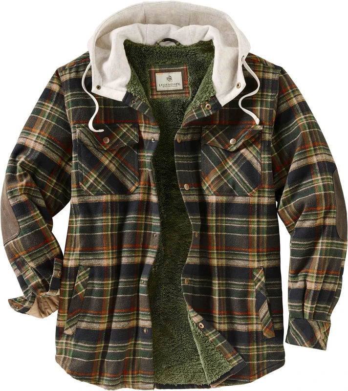 Legendary Whitetails Men's Big Camp Night Berber Lined Hooded Flannel Shirt Jacket, Stout Plaid, 5X-Large, Stout Plaid, 5XL Big