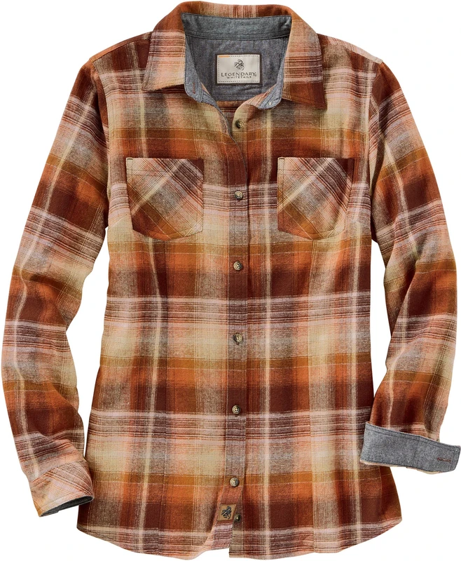 Legendary Whitetails Women's Cottage Escape Flannel Long Sleeve Plaid and Solid Color Clothes for Women, Fitted Button Down, Pumpkin Spice, Large, Pumpkin Spice, L