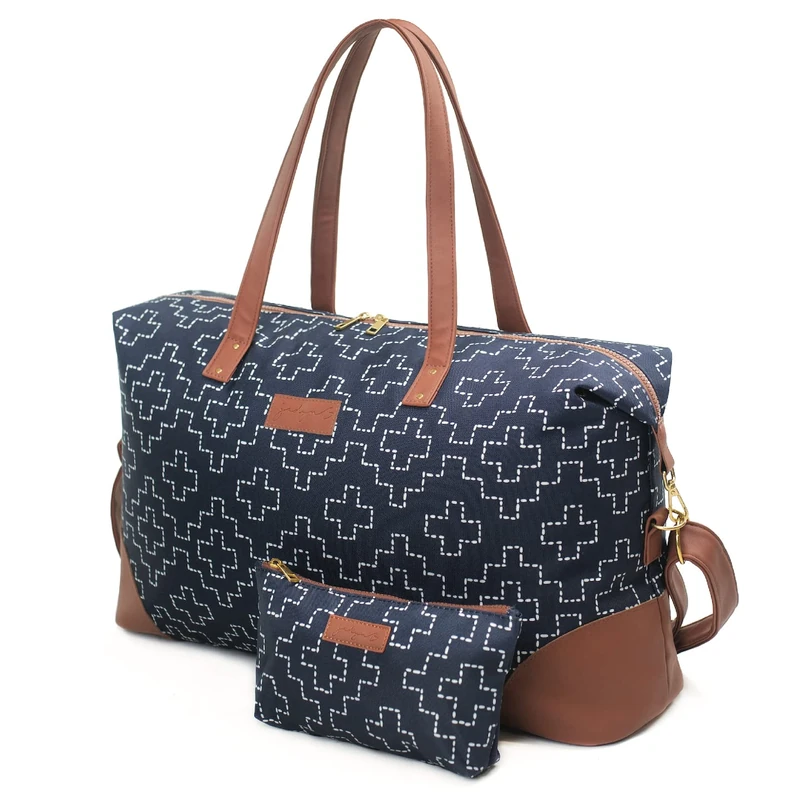 Jadyn Luna Women's Weekender Bag and Travel Duffel, Large 37 Liter Capacity, Sashiko, Softside Duffle Bag with Vegan Leather Accents