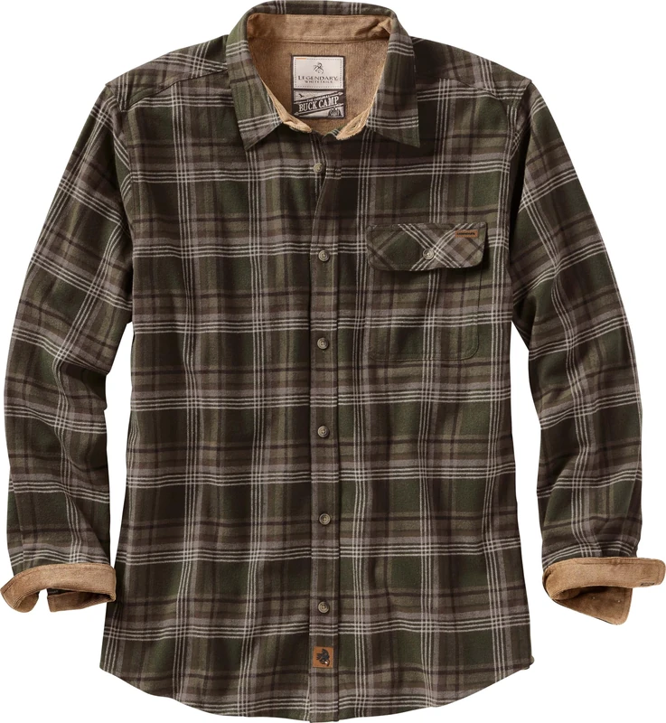 Legendary Whitetails Men's Buck Camp Flannel, Long Sleeve Plaid Button Down Casual Shirt, Corduroy Cuffs, Forest Plaid, XXL