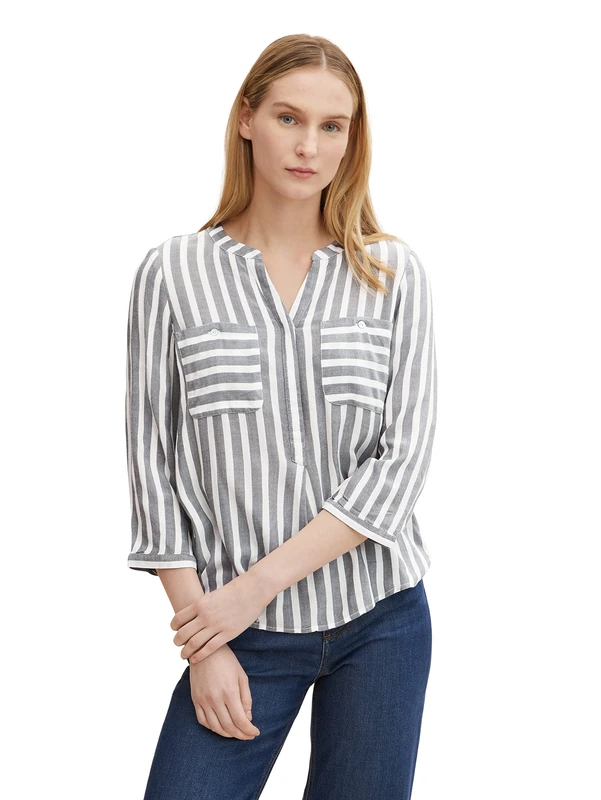 TOM TAILOR Women's Streifen Bluse Blouse, 26940-off-white Navy Vertical Stripe, 8