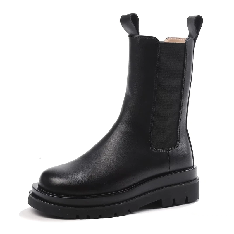 Platform Chelsea Boots Women Chunky Fashion Winter Stretch Thick Heel Waterproof Casual Combat Smoke Tube Ankle Boots Black High Tube Size 5.5 UK