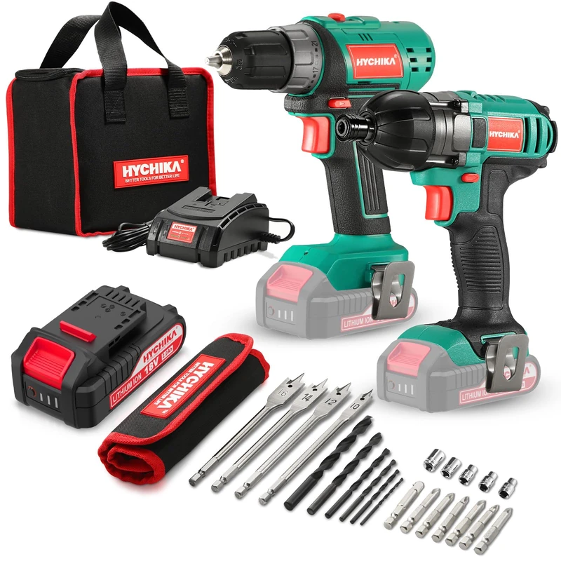 HYCHIKA 18V Combi Drill Kit, Impact Driver 160Nm, 2.0Ah Batteries, Belt Buckle, with 22PCS Accessories, Carrying Bag for Drilling and Screw Driving