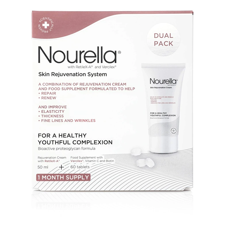 Nourella Skin Rejuvenation System Dual Pack containing 60 tablets food supplement with Vercilex, silica, Vitamin C and biotin and Skin Rejuvenation Cream with RetileX-A to support collagen activity