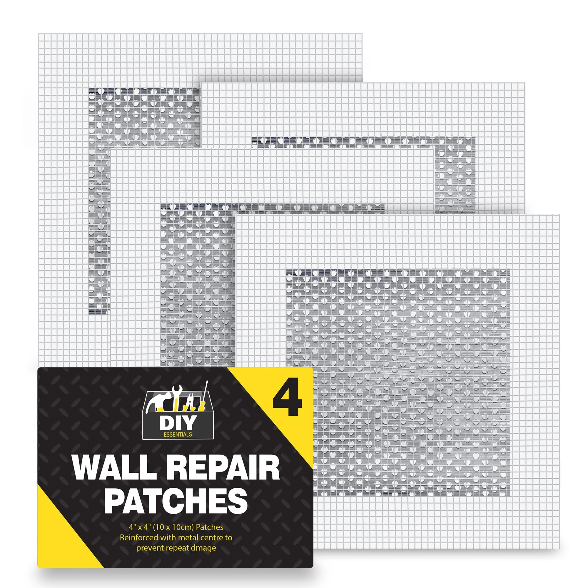 SOL 4pk Wall Repair Patches - 10 x 10cm Self Adhesive Plasterboard Repair Kit for Walls & Ceilings - Drywall Fixing Patch for Plasterboard & Wall Cracks Repair