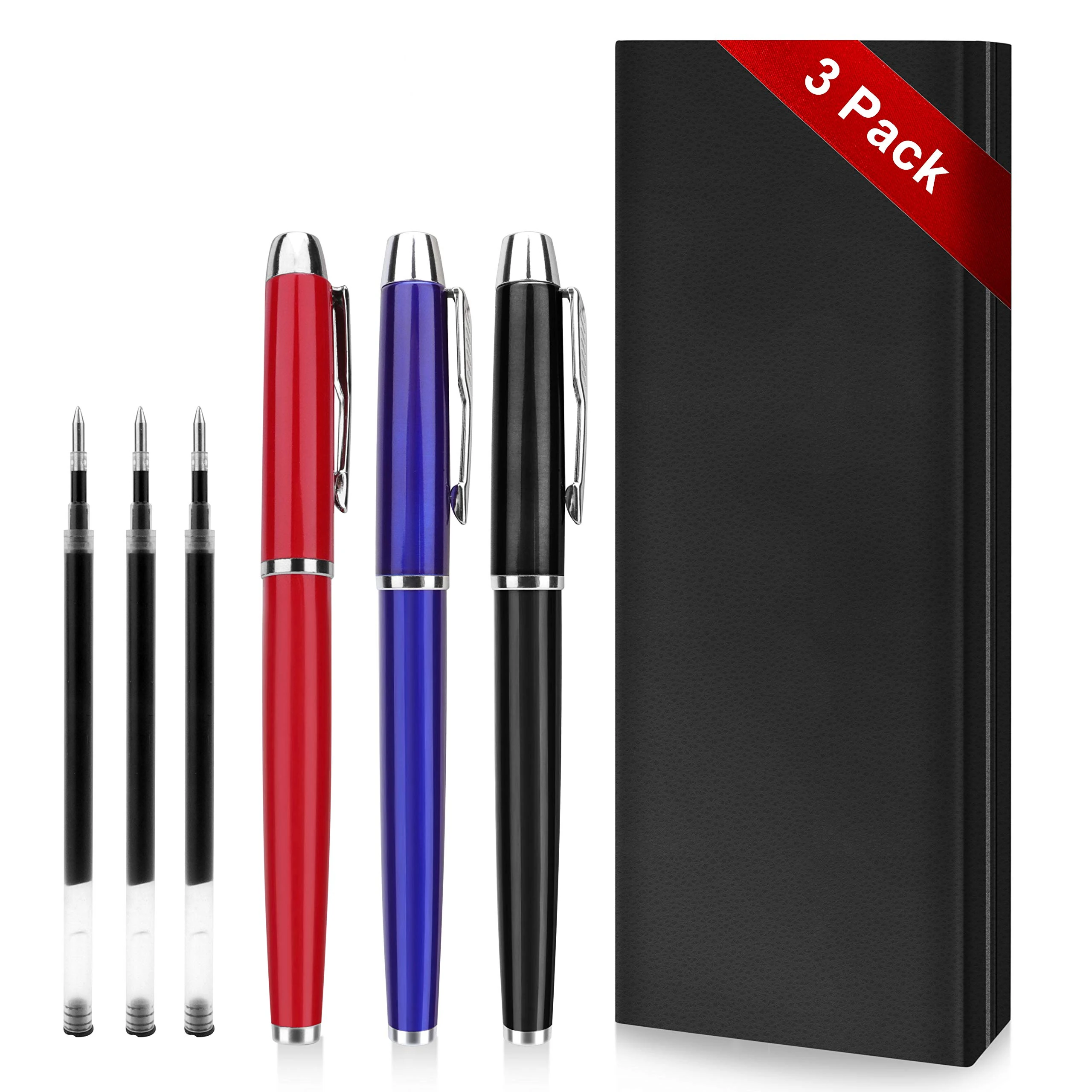 Rollerball Pen - 3 Pack of Ballpoint Ball Pen for Men Women Executive Business Office School Use,Executive Nice Pens for Business Birthday Gift with Gift Box,3 Extra 0.5 mm Refill (Black,red,Blue)