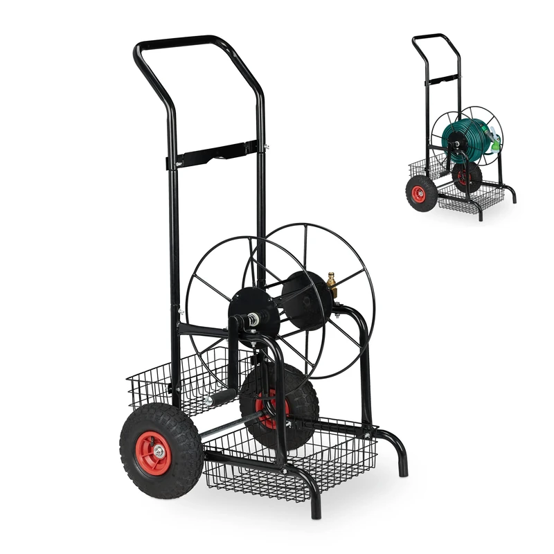 Relaxdays Hose Trolley, Up to 45 Meters, 2 Pneumatic Wheels, H x W x D: 118.5 x 62 x 63 cm, Steel, Black