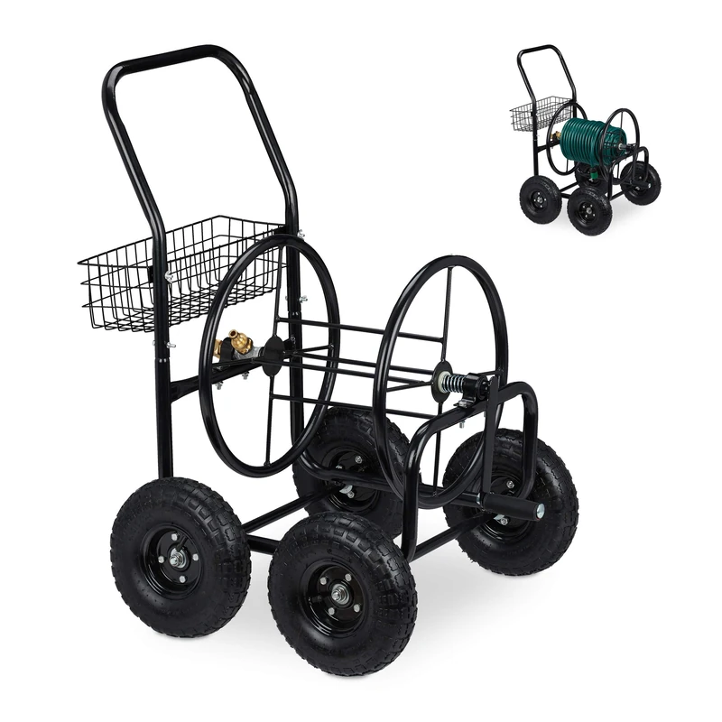 Relaxdays Hose Trolley, Up to 75 Meters, 4 Rubber Wheels, H x W x D: 91 x 62 x 80 cm, Steel, Black
