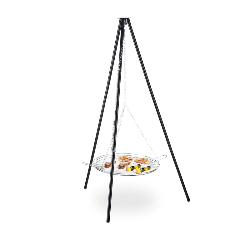 Relaxdays Tripod Barbecue, Hanging Grill with Fire Bowl, Steel, 52 cm, Height Adjustable, BBQ, HxD: 151 x 100 cm, Black