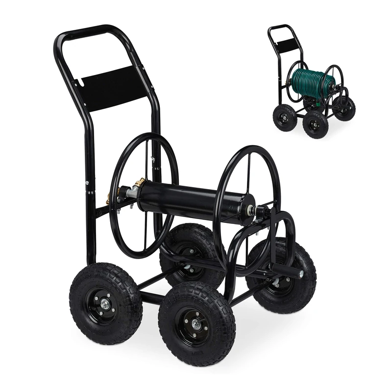 Relaxdays Hose Trolley, Up to 75 Meters, 4 Wheels, H x W x D: 95.5 x 61 x 72 cm, Steel, Black