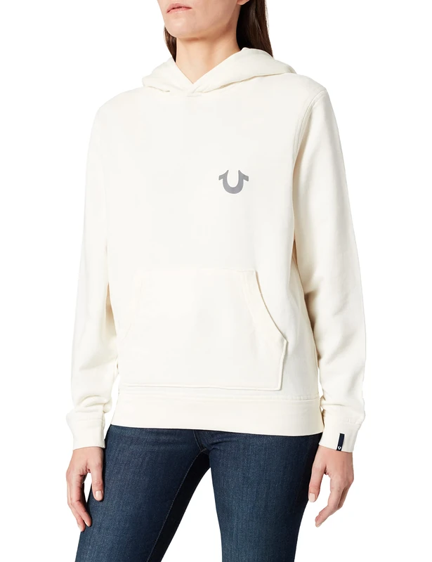 True Religion Women's Hoody Boxy Crop Hooded Sweatshirt, White, S
