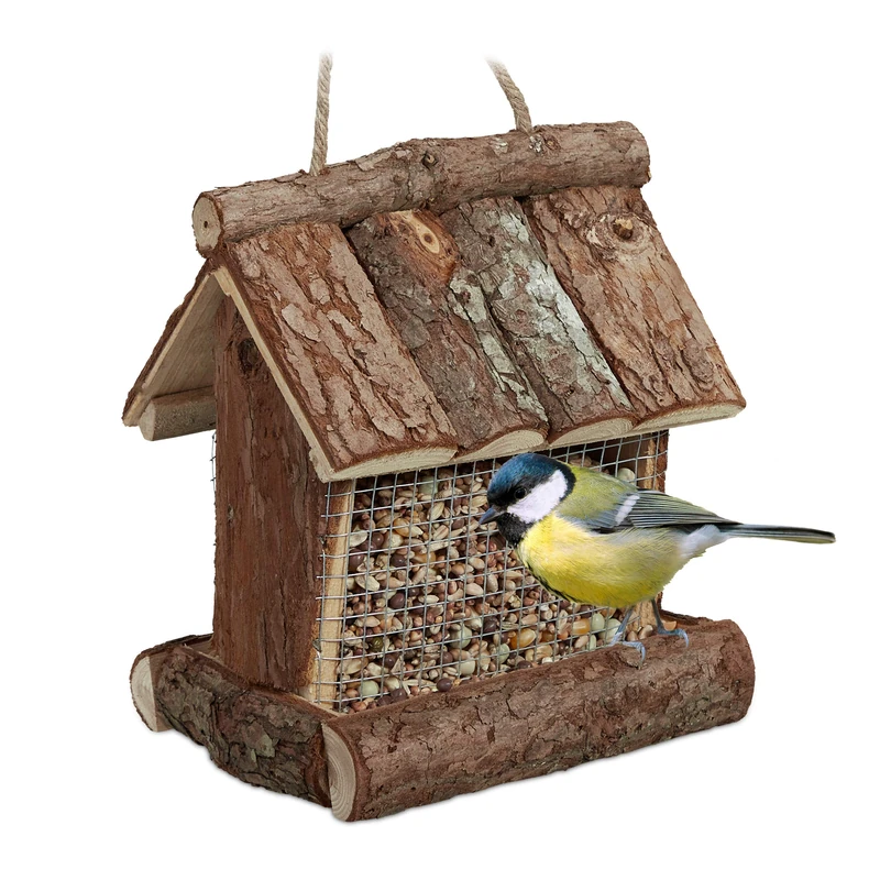 Relaxdays Bird Feeder, Feeding Station, Hang or Place on Surface, H x W x D: 17 x 15 x 12 cm, Wood, Natural