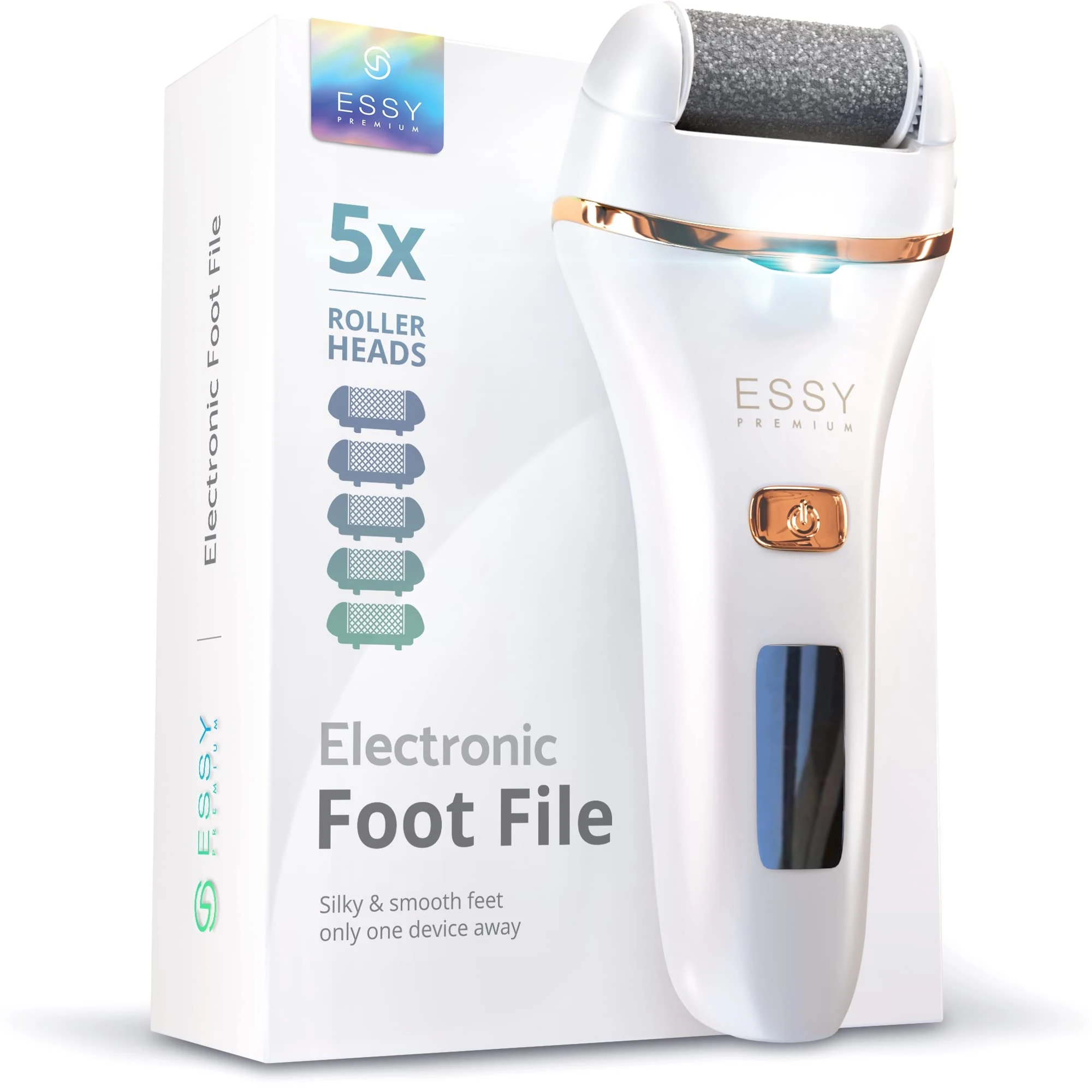 Essy Electric Foot File Hard Skin Remover with 5 Replacement Rollers Foot File Electric Pedicure Sets Cutters Accessories for Dry Dead Hard Skin Feet Callus Remover for Feet Care Exfoliator (White)