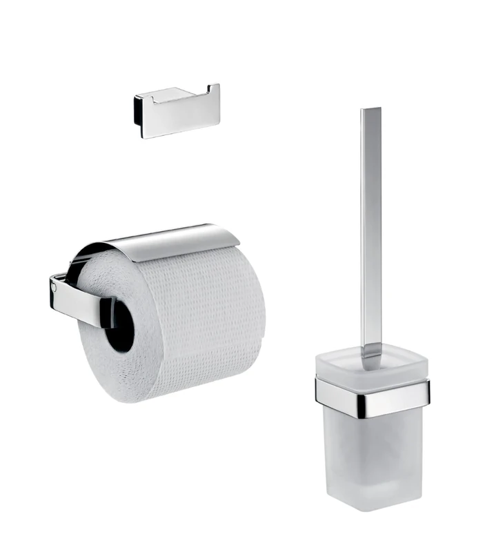 emco 059800100 Loft Toilet 3-Piece Bathroom Accessory Set Including Towel Hook, Paper Holder with Lid, Toilet Brush Set 3 in 1 Perfect for Any Bathroom, Chrome