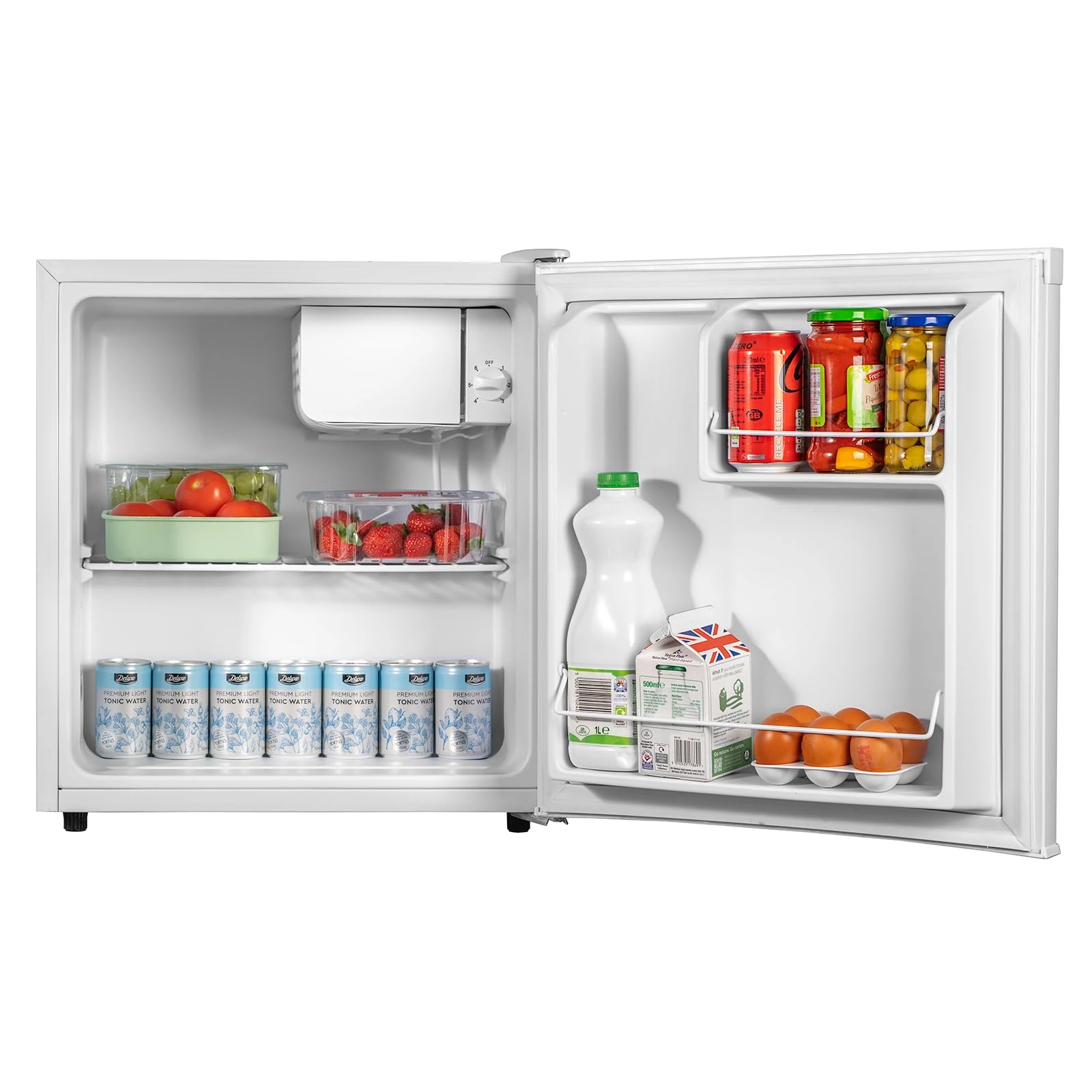 SIA AMZTT01WH White Table Top Mini Fridge with Ice Box, 49L Drinks Beer Fridge, E Rated, Adjustable Thermostat, Ideal For Bedrooms, Caravans, Mobile Homes, 2 Years Parts and Labour Guarantee
