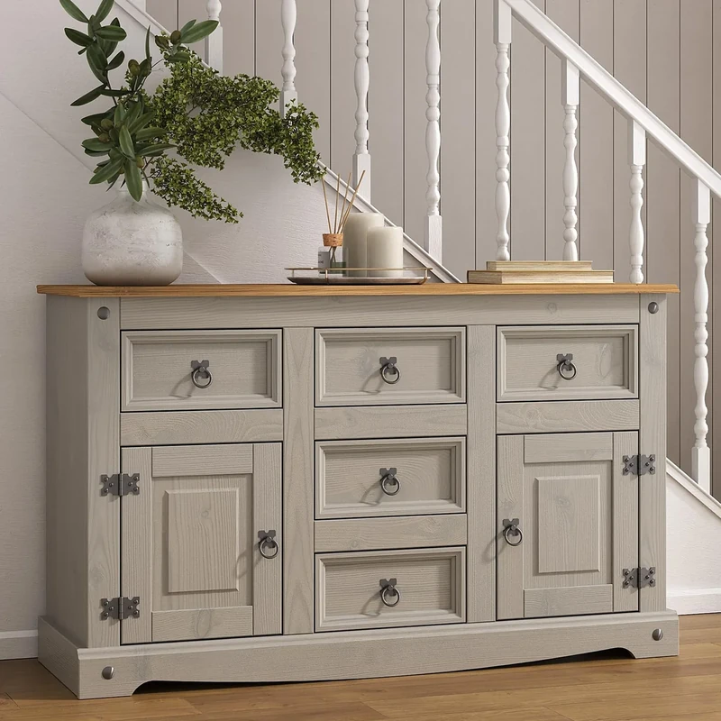 Corona Grey Sideboard 2 Door 5 Drawer, Solid Mexican Pine