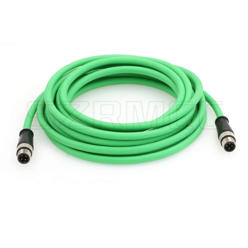 SZRMCC M12 Ethernet Cable D-Code 4 Pin to 4 Pin Male Cat5e High Flex Waterproof Shielded Network Cable for Industrial Vision Camera Sensor Automation (10m,Green)
