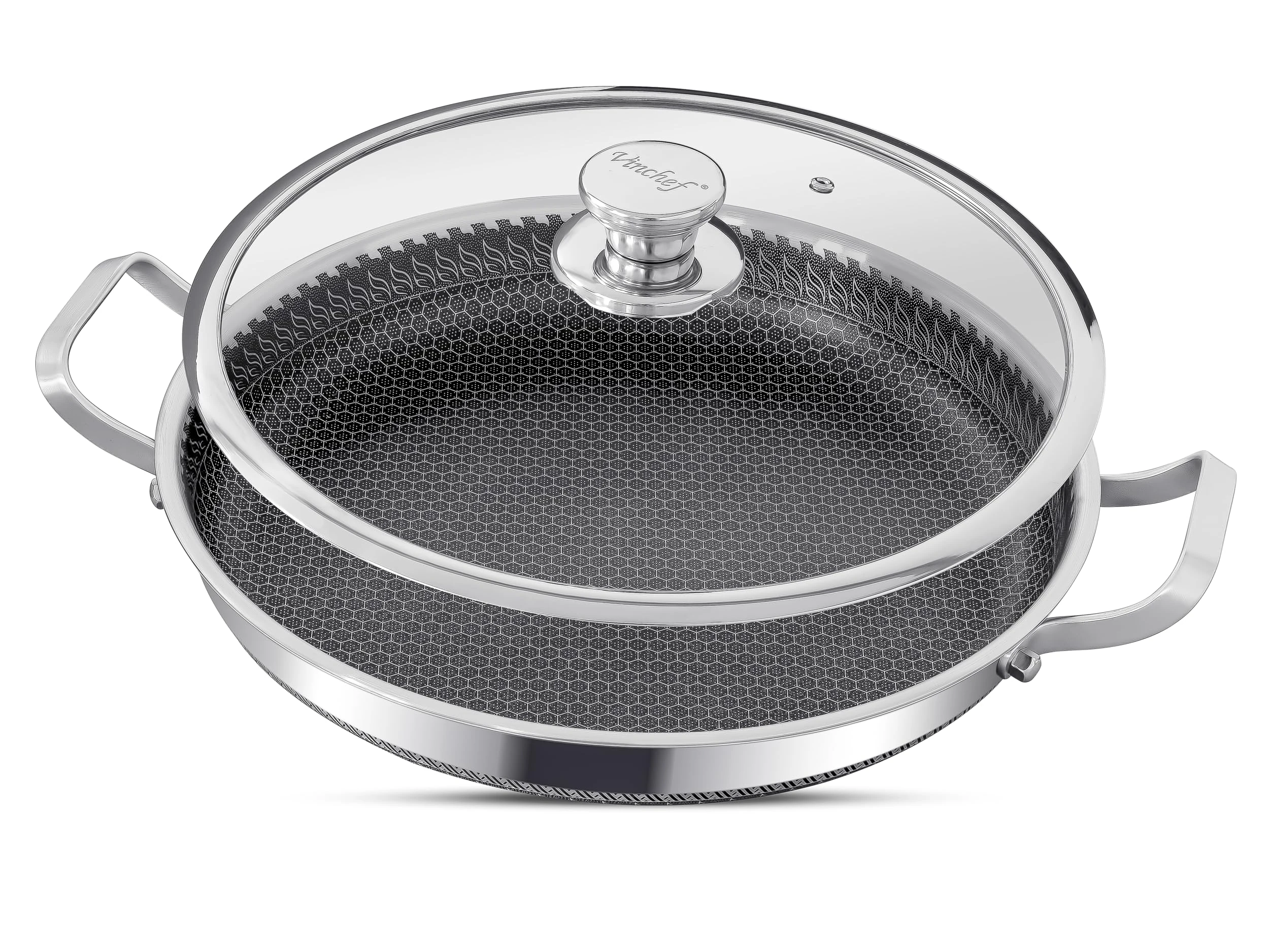 INTIGNIS Paella Pan & Large Frying Pan 32cm with Oven-Safe Glass Lid – Aluminium & Stainless Steel Skillet – Healthy Cooking, Even Heat, GREBLON® Shield Technology, All Hob Compatible